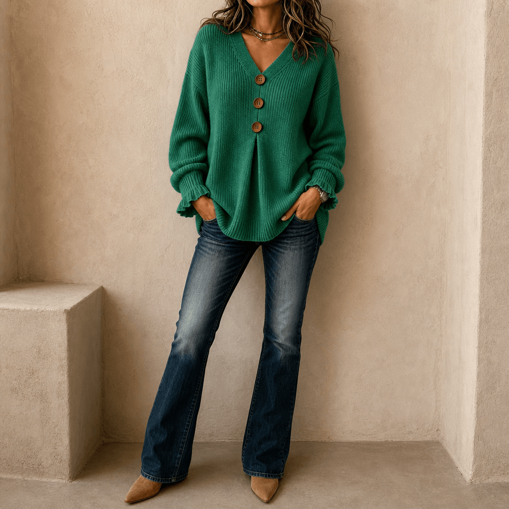 Vessa Ribbed V-Neck Button Detail Women's Knitted Jumper
