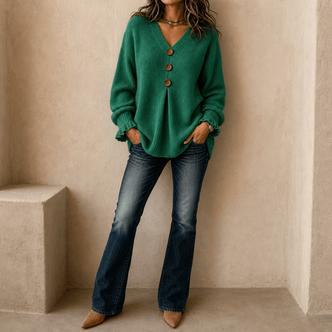 Vessa Ribbed V-Neck Button Detail Women's Knitted Jumper