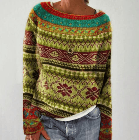 Women's Cotton Tree Print Knitted Jumper with Crew Neck