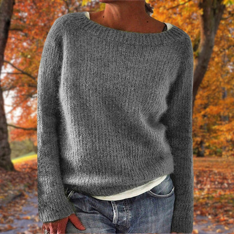 Women's Textured Boat Neck Knitted Jumper with Long Sleeves