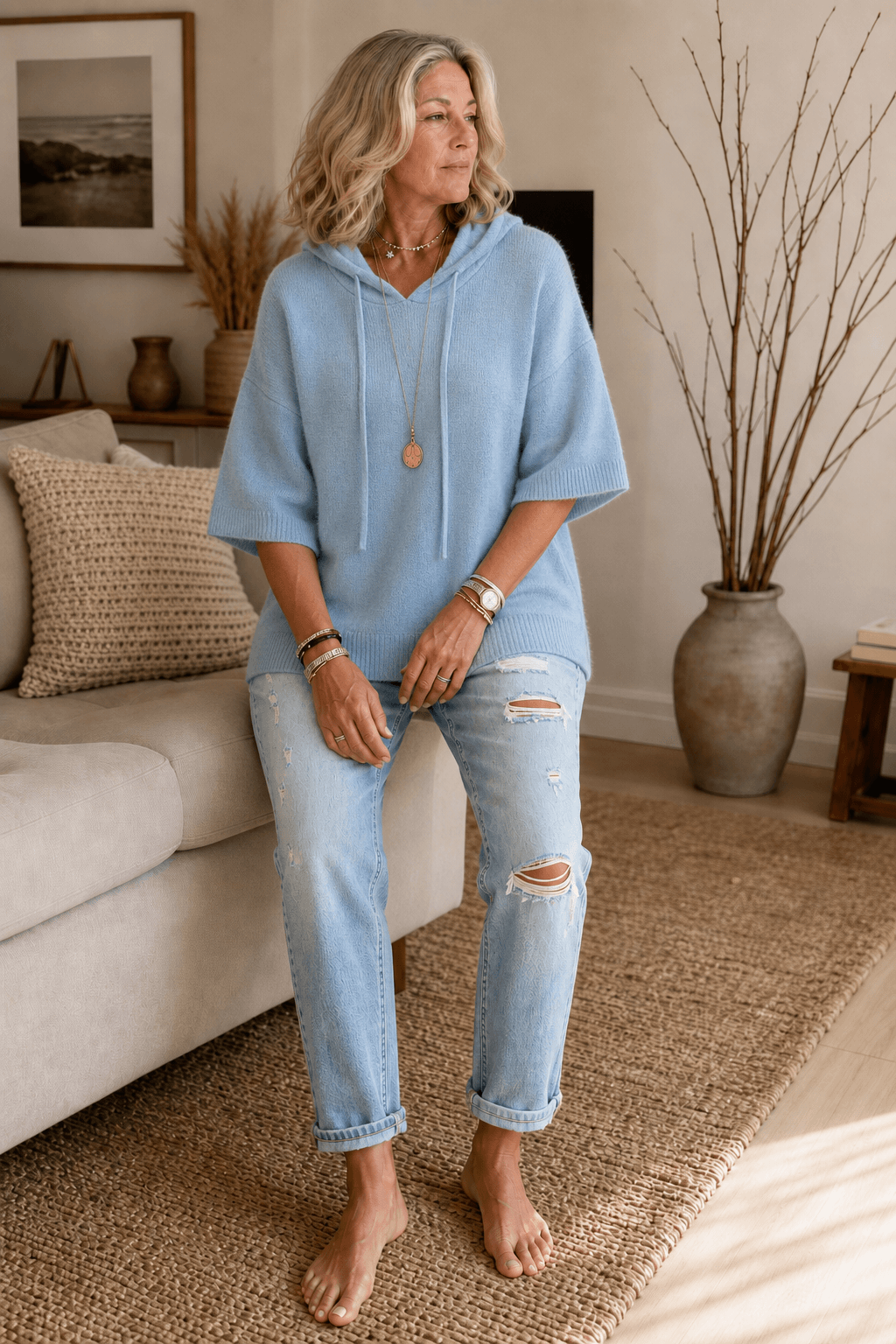 Women's Hooded Knit Jumper with Drawstring and Dropped Shoulders