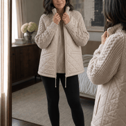 Women's Knit-Panel Quilted Puffer Jacket with Ribbed Cuffs