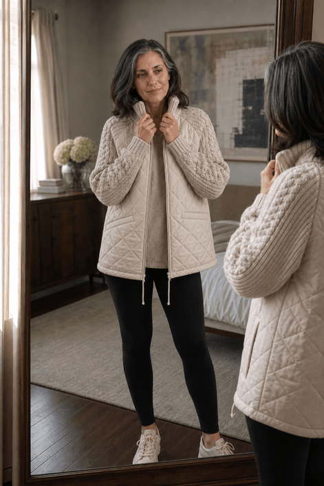 Women's Knit-Panel Quilted Puffer Jacket with Ribbed Cuffs