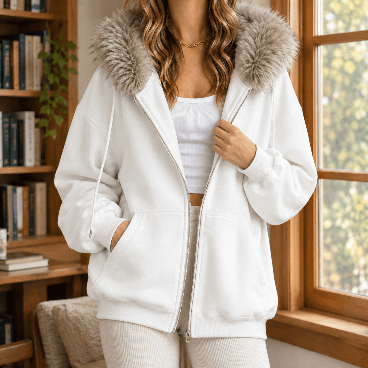 Ardith Oversized Fleece Hoodie with Fur-Trimmed Hood and Full-Length Zip