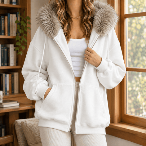 Ardith Oversized Fleece Hoodie with Fur-Trimmed Hood and Full-Length Zip