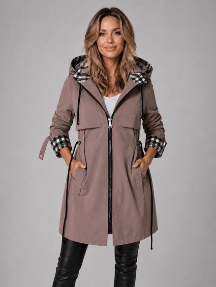 Women's Hooded Longline Cotton-Blend Rain Jacket with Drawstring Waist