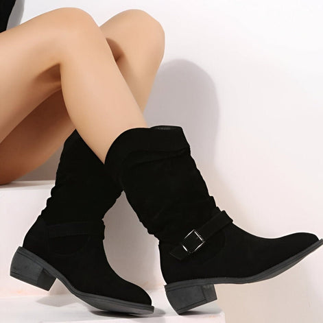 Anika Slouchy Faux Suede Women's Boots with Buckle Strap Detail