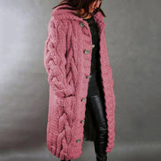 Chunky Hooded Long Cable-Knit Cardigan Coat with Pockets for Women