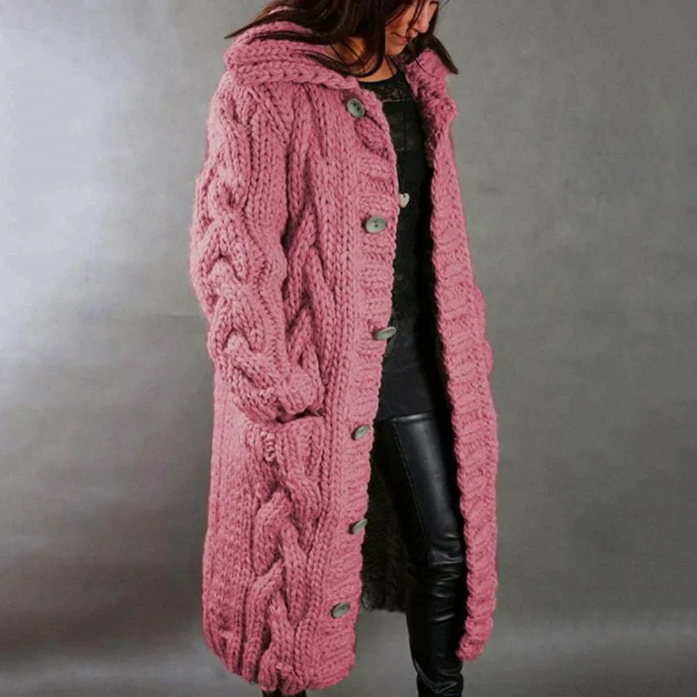 Chunky Hooded Long Cable-Knit Cardigan Coat with Pockets for Women