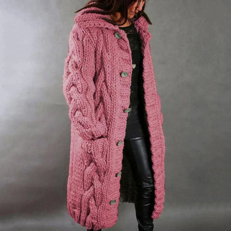 Chunky Hooded Long Cable-Knit Cardigan Coat with Pockets for Women