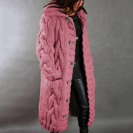Chunky Hooded Long Cable-Knit Cardigan Coat with Pockets for Women