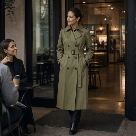 Mayfield Double-Breasted Belted Long Trench Coat with Tailored Waist for Women