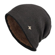 Men's Herringbone Knit Beanie with Fleece Lining and Ribbed Edge