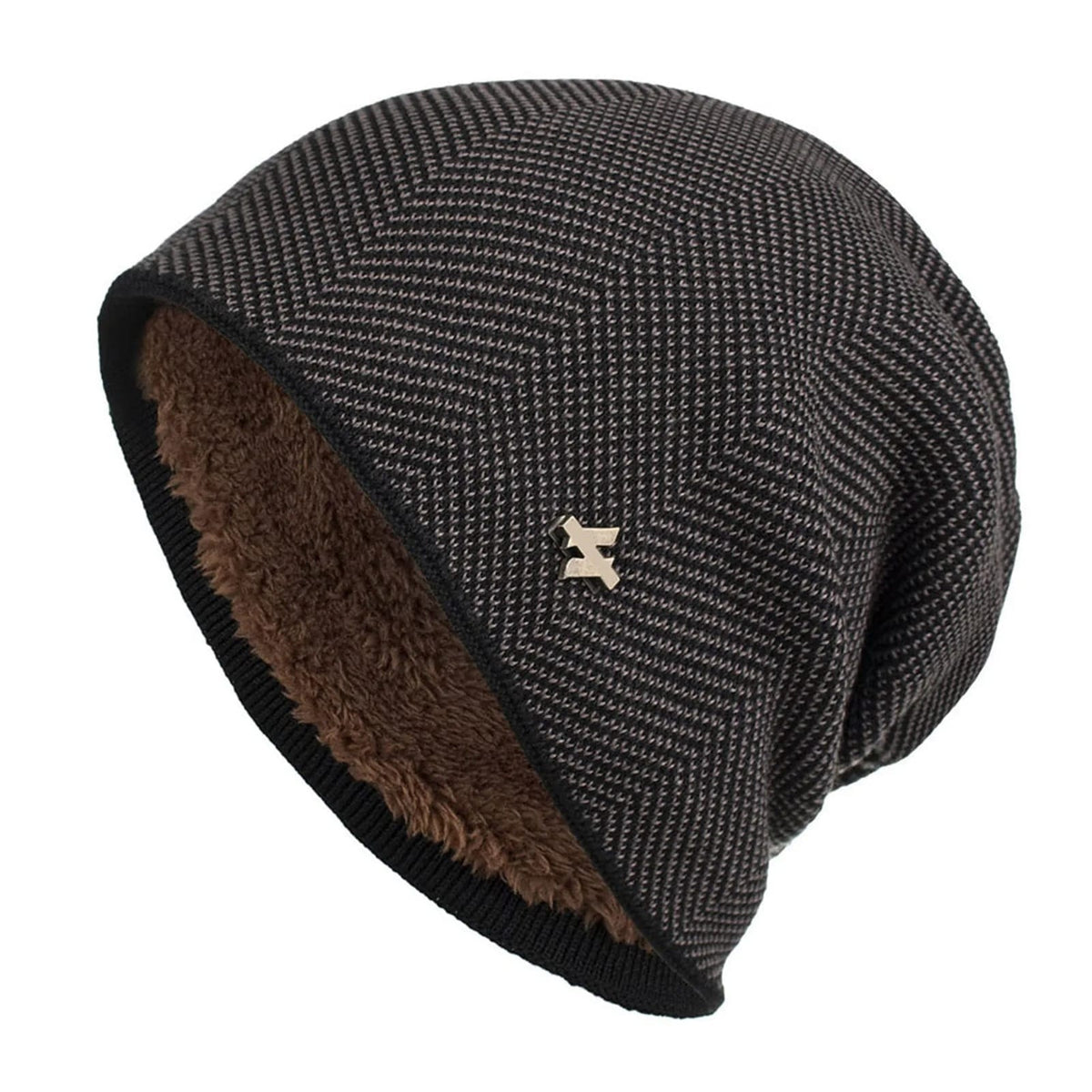Men's Herringbone Knit Beanie with Fleece Lining and Ribbed Edge