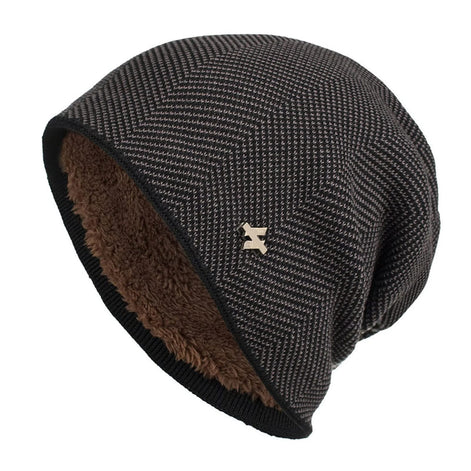 Men's Herringbone Knit Beanie with Fleece Lining and Ribbed Edge