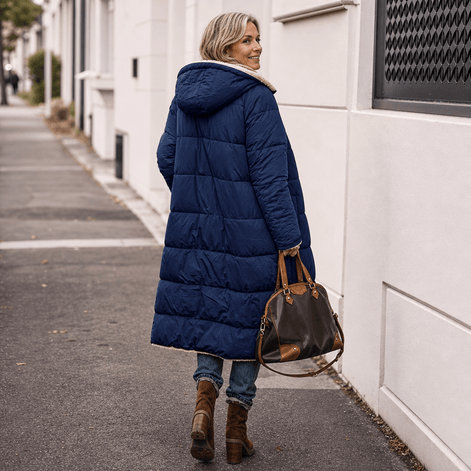 Women's Reversible Quilted Longline Winter Coat with Sherpa Trim