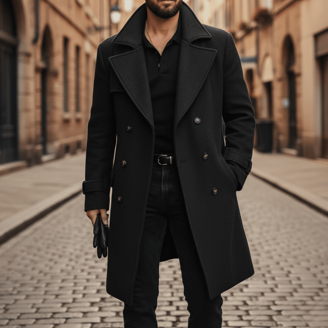 Double-Breasted Wool Blend Overcoat with Wide Notched Lapels