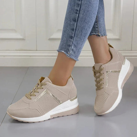 Women's Lace-Up Wedge Cushioned Sneakers with Breathable Mesh Panels