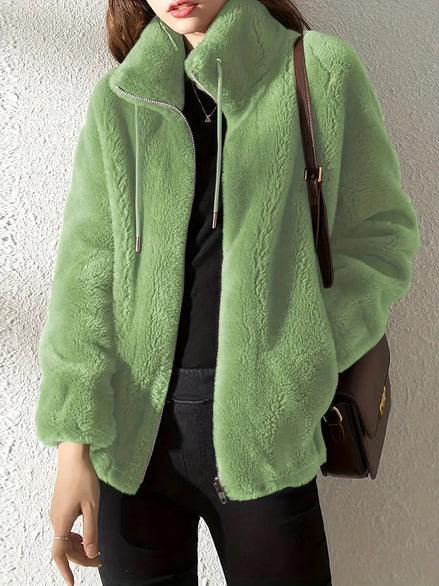 Phoebe Faux Fur Zip-Up Women's Coat with Drawstring Stand Collar