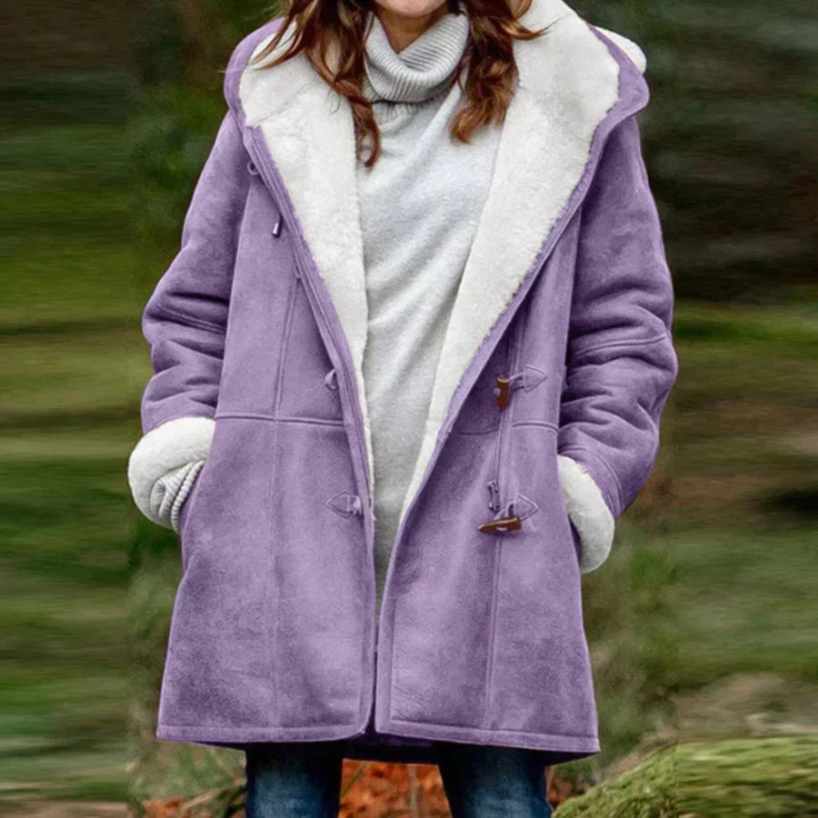 Women's Fleece-Lined Faux Suede Hooded Jacket with Toggle Closure
