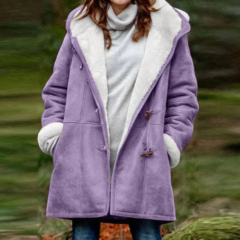 Women's Fleece-Lined Faux Suede Hooded Jacket with Toggle Closure