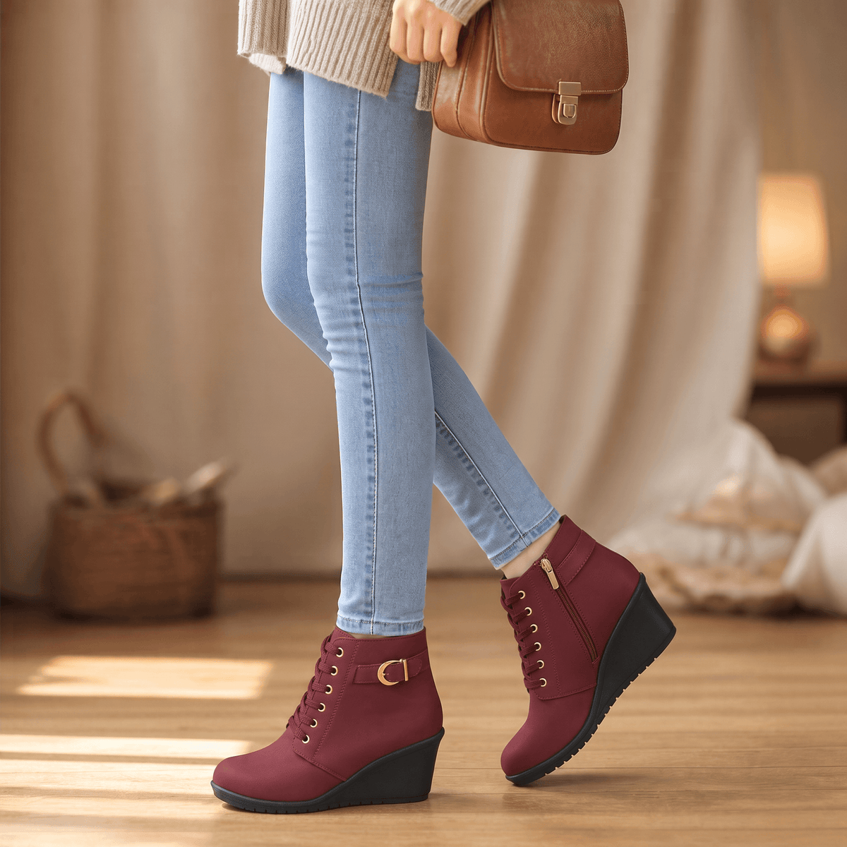Emmanuelle Suede Buckle Strap Concealed Wedge Ankle Boots for Women