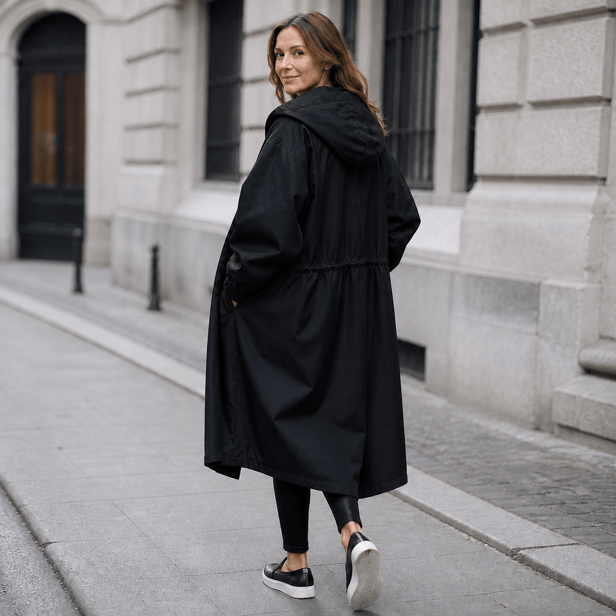 Hooded Midi Coat with Drawstring Waist for Women