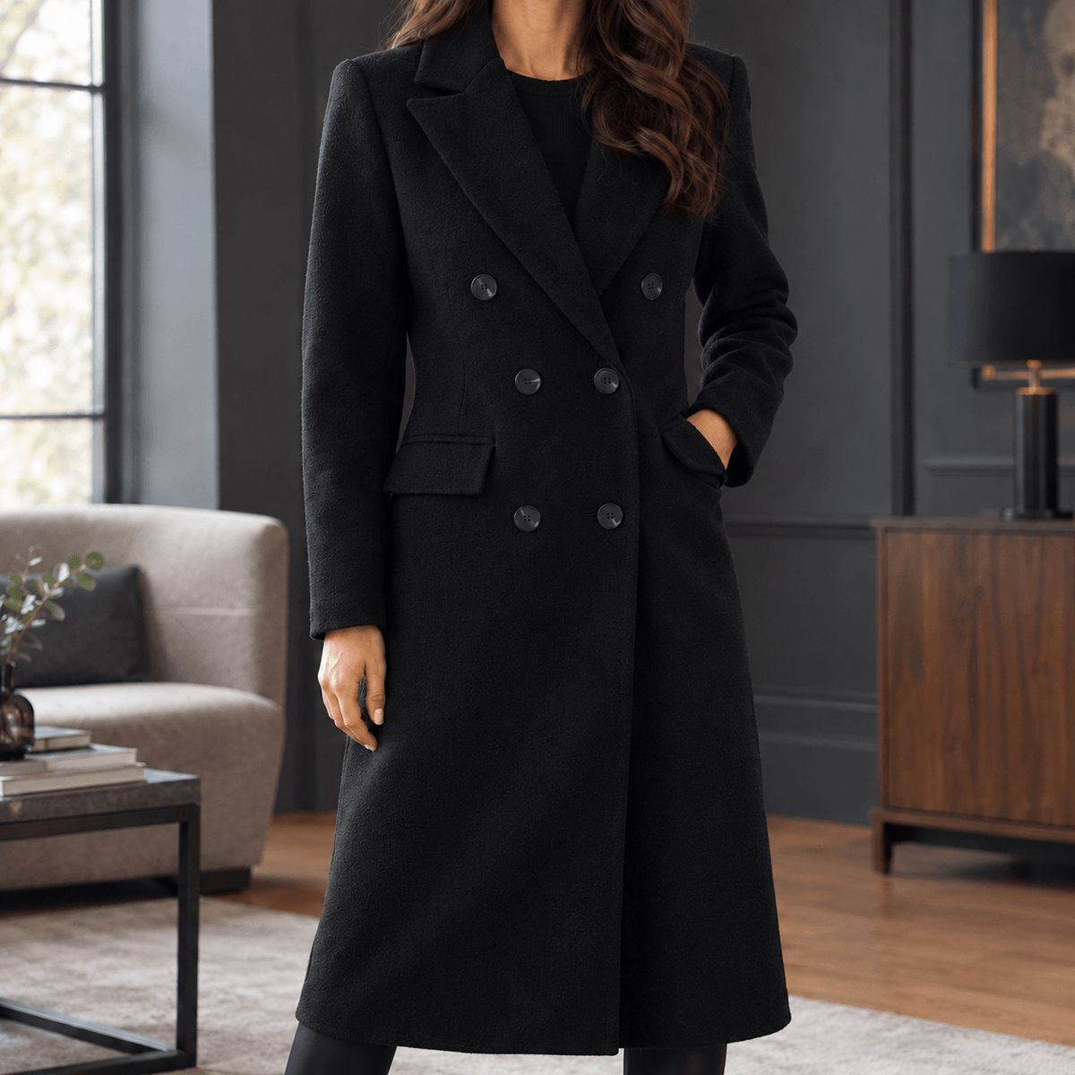 Women's Double-Breasted Cashmere Winter Coat with Wide Lapels