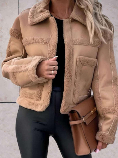 Women's Faux Shearling Panel Jacket with Notch Collar
