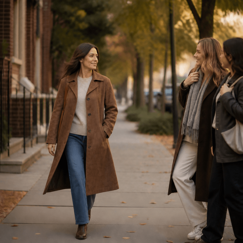Women's Long Suede-Effect Button-Front Coat with Clean Vertical Line