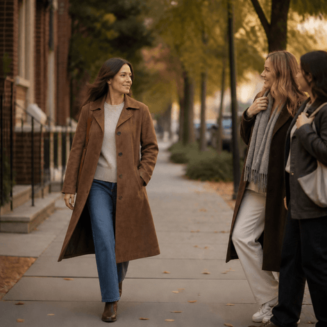 Women's Long Suede-Effect Button-Front Coat with Clean Vertical Line