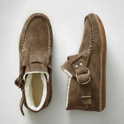 Women's Suede Shearling-Lined Ankle Boots with Buckle Strap Detail