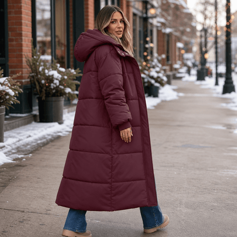 Women's Long Hooded Quilted Puffer Jacket with Pockets in Polyester