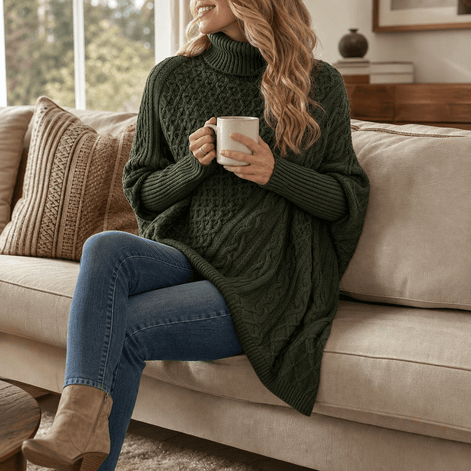 Women's Cable-Knit Turtleneck Poncho Jumper with Ribbed Trim
