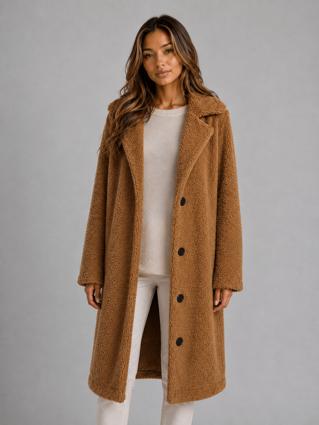 Women's Longline Teddy Borg Fleece Button-Front Jacket