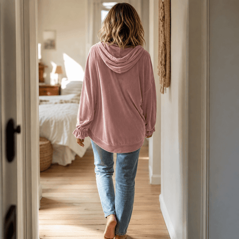 Ruffle Cuff Velvet Hoodie with Dropped Shoulder for Women