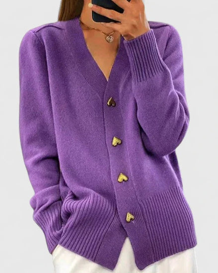 Lillyanne Heart Button V-Neck Women's Knitted Cardigan with Soft Drape