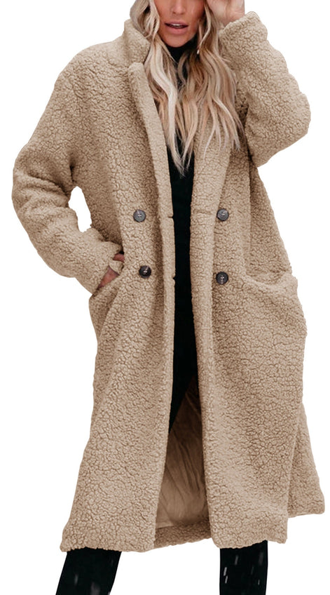 Women's Long Teddy Fleece Coat with Button Front Closure