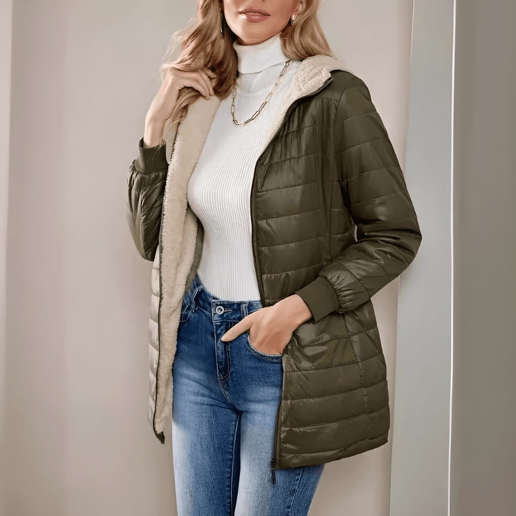 Women's Hooded Fleece-Lined Quilted Puffer Jacket with Longline Fit