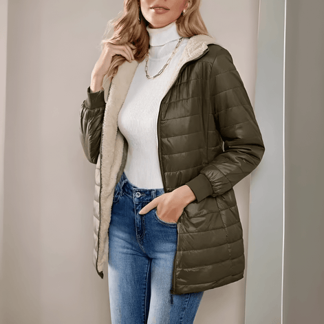Women's Hooded Fleece-Lined Quilted Puffer Jacket with Longline Fit