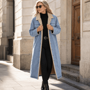 Denora Sherpa-Lined Full-Length Denim Coat with Lapel Collar