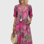 Bella Floral V-Neck Midi Dress with Pockets in Polyester