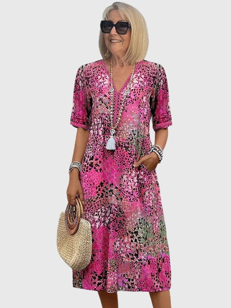 Bella Floral V-Neck Midi Dress with Pockets in Polyester