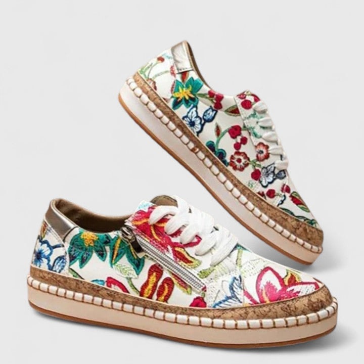 Olisette Floral Embroidered Textile Women's Comfort Shoes with Zip Detail