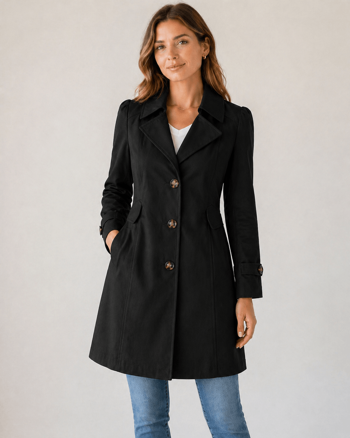 Women's Tailored Buttoned Trench Coat with Fitted Waist