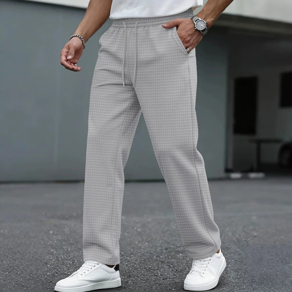 Men's Waffle-Textured Drawstring Jogger Trousers with Elastic Waist