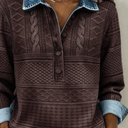Melkorka Denim-Effect Collared Cable Knit Top with Long Sleeves