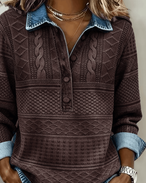Melkorka Denim-Effect Collared Cable Knit Top with Long Sleeves