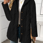Women's Black Textured Button-Front Winter Coat with Relaxed Fit