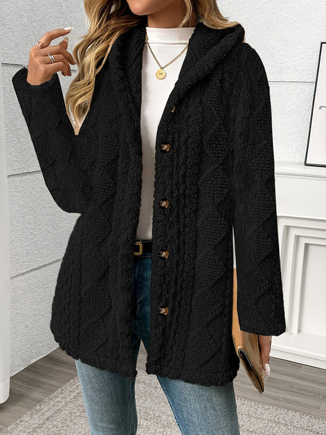 Women's Black Textured Button-Front Winter Coat with Relaxed Fit